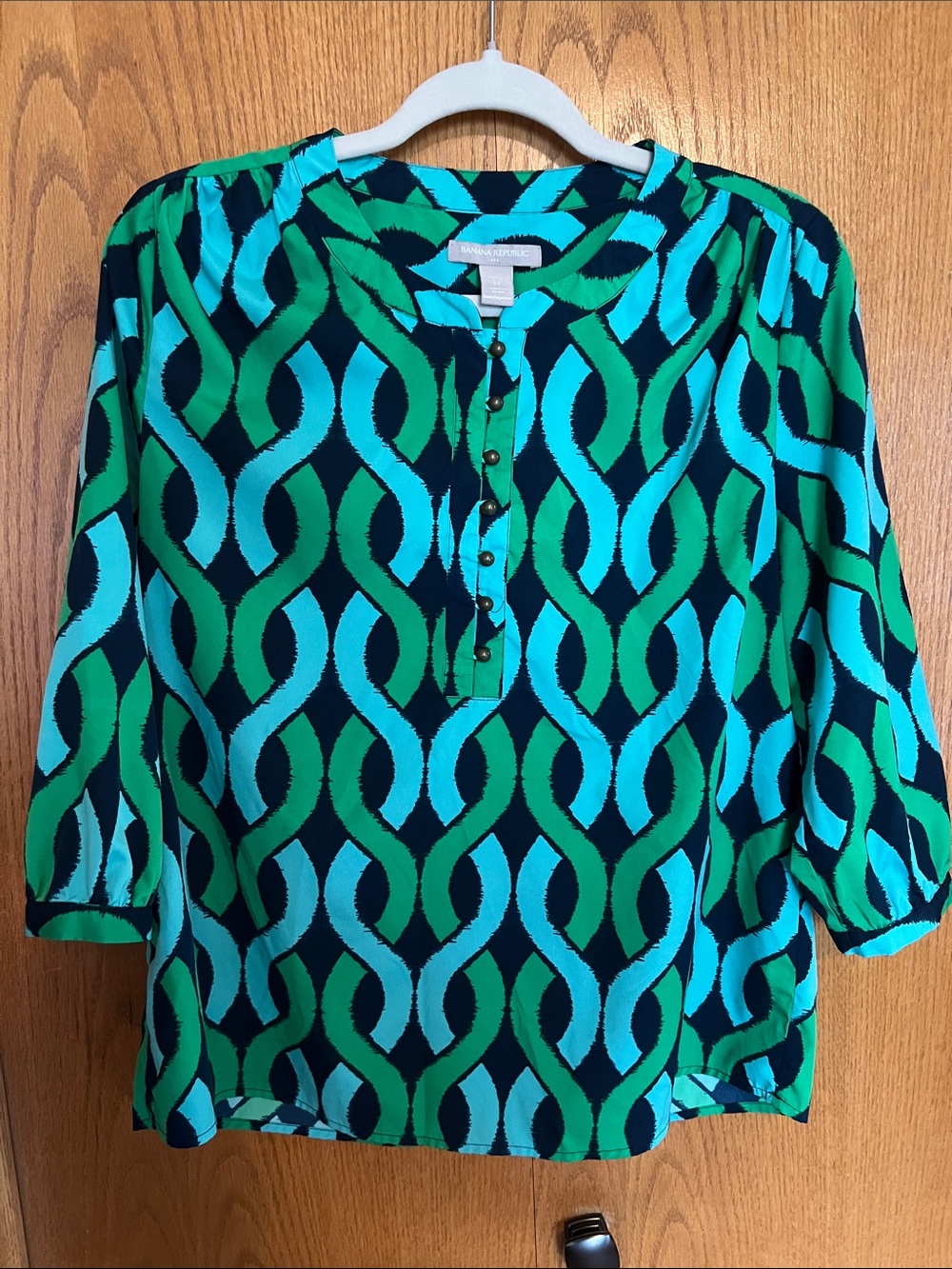 Banana Republic Blue & Green Geometric Button-Front Blouse